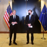 U.S. Secretary of State Antony Blinken (left) and national security adviser Jake Sullivan address reporters following closed-door morning talks between the United States and China upon conclusion of their two days of meetings in Anchorage, Alaska, on Friday. | POOL / VIA REUTERS