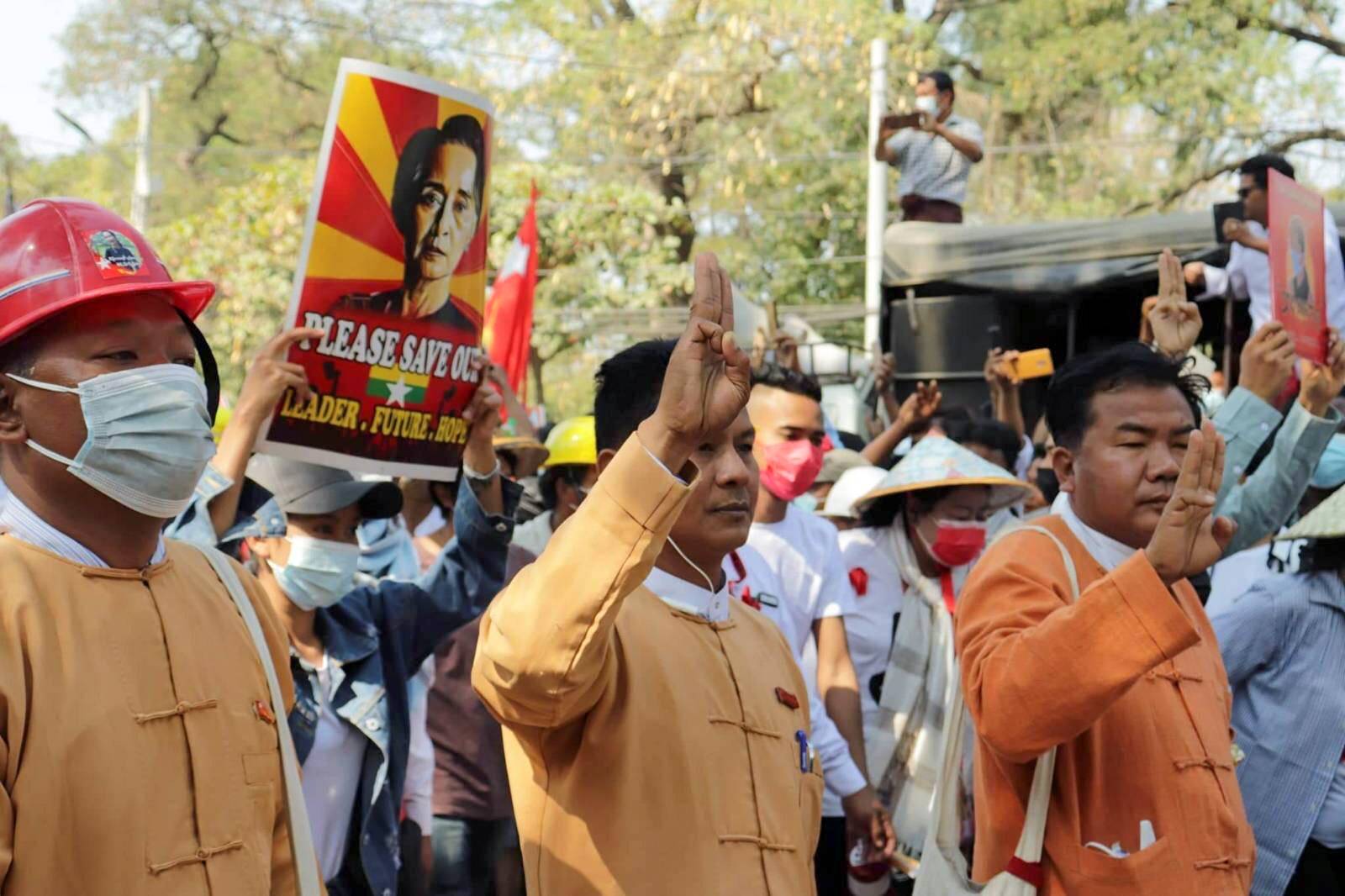 Myint Htwe, a regional lawmaker, addresses a crowd in Monywa, in the Sagaing region of Myanmar, after the Feb. 1 military coup. | Reuters 