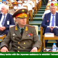 Russian Deputy Defense Minister Alexander Fomin attends an annual parade put on by the Myanmar military to mark Armed Forces Day in the capital, Naypyidaw, in a screenshot taken from Myawaddy TV on Saturday. | MYAWADDY TV / VIA AFP-JIJI