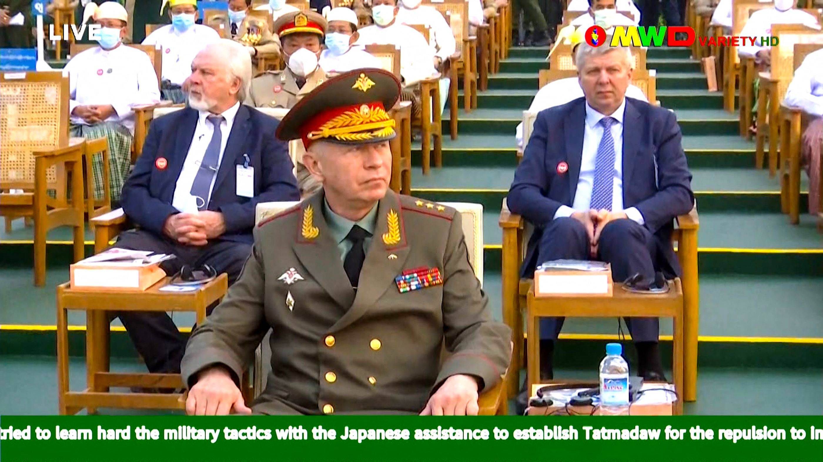 Russian Deputy Defense Minister Alexander Fomin attends an annual parade put on by the Myanmar military to mark Armed Forces Day in the capital, Naypyidaw, in a screenshot taken from Myawaddy TV on Saturday. | Myawaddy TV / VIA AFP-JIJI