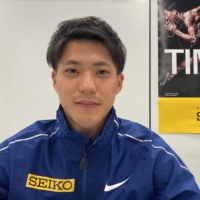 Sprinter Ryota Yamagata speaks to reporters during an online news conference Monday. | SEIKO HOLDINGS CORP.
