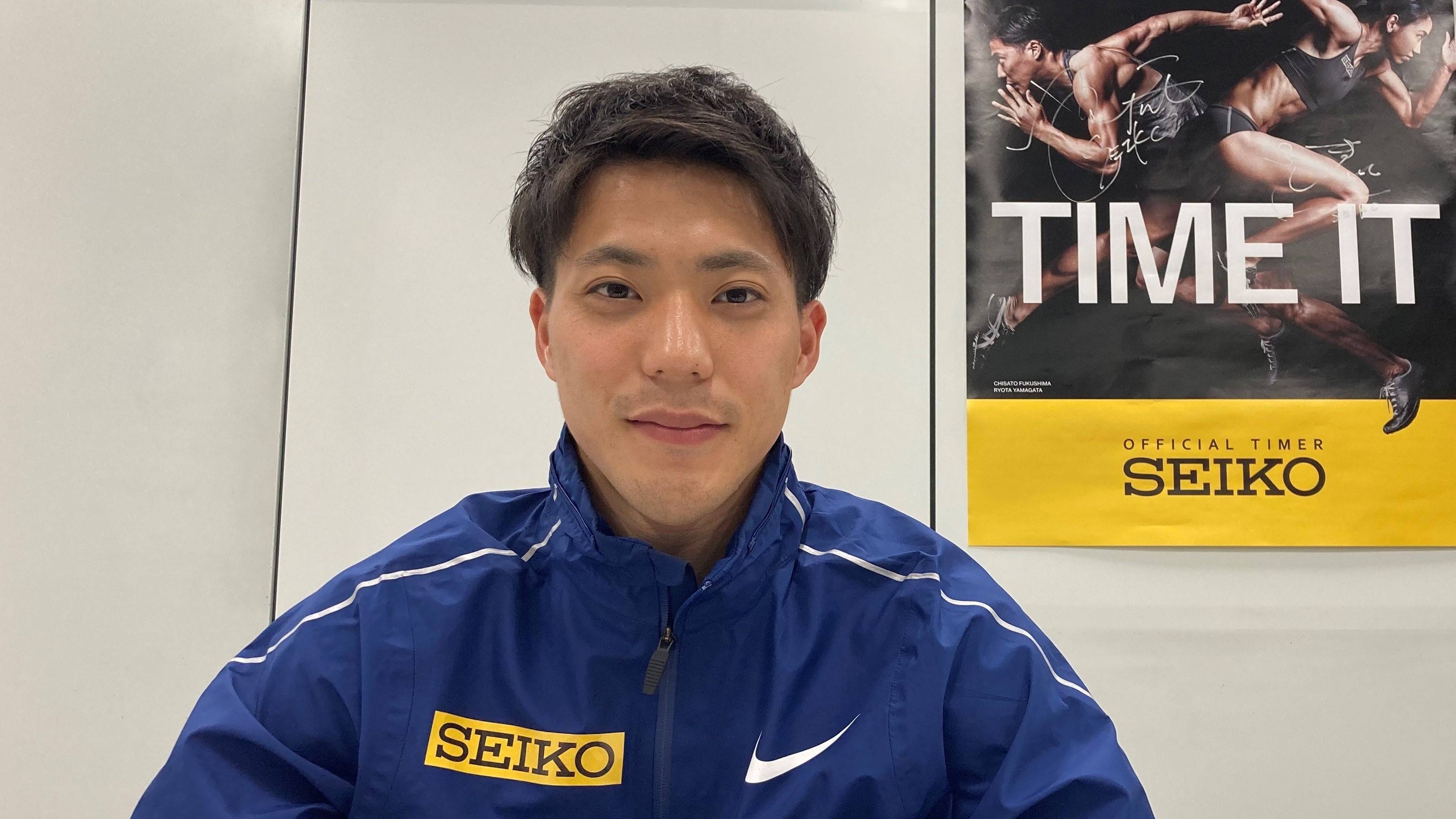 Sprinter Ryota Yamagata speaks to reporters during an online news conference Monday. | SEIKO HOLDINGS CORP.
