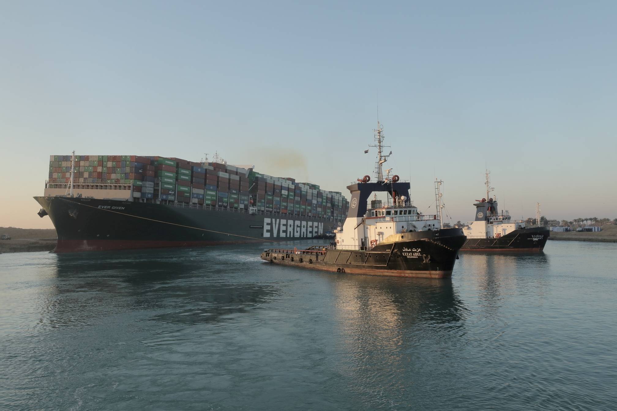 The Ever Given on Monday after it was partially refloated in Egypt's Suez Canal | SUEZ CANAL AUTHORITY / VIA THE NEW YORK TIMES