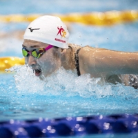 Rikako Ikee swims in the 100-meter butterfly final during the Japanese national championships on Sunday. | AFP-JIJI