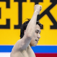 Katsuhiro Matsumoto reacts after winning the men\'s 200-meter freestyle final at the national swimming championships on Monday at Tokyo Aquatics Center. | AFP-JIJI