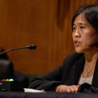 Katherine Tai, then a nominee for U.S. Trade Representative, speaks at the Senate Finance Committee hearing at the U.S. Capitol on Feb. 25. | POOL / VIA REUTERS