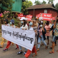 People protest against the military coup in Launglon township, Myanmar, on March 30, 2021. | DAWEI WATCH / VIA REUTERS