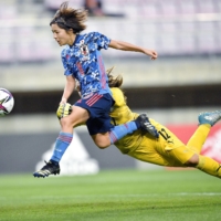 Japan\'s Mana Iwabuchi scores her second goal against Paraguay during their friendly on Thursday in Sendai. | KYODO