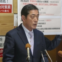 Ehime Gov. Tokihiro Nakamura speaks at a press conference at his prefectural office on Wednesday. | KYODO