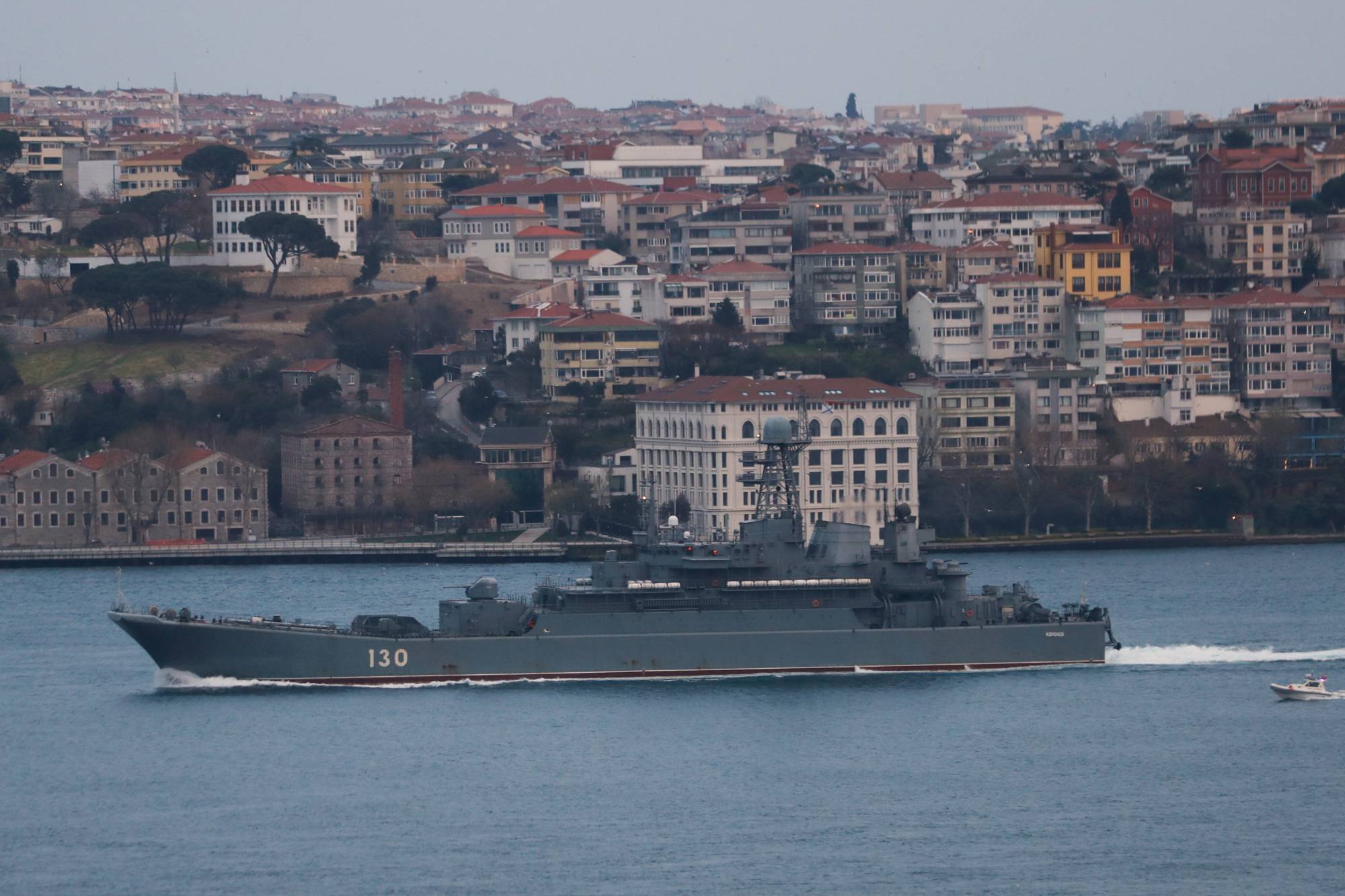 The Russian Navy's Ropucha-class landing ship Korolev sets sail in the Bosphorus on its way to the Black Sea, in Istanbul on Saturday.  | REUTERS 