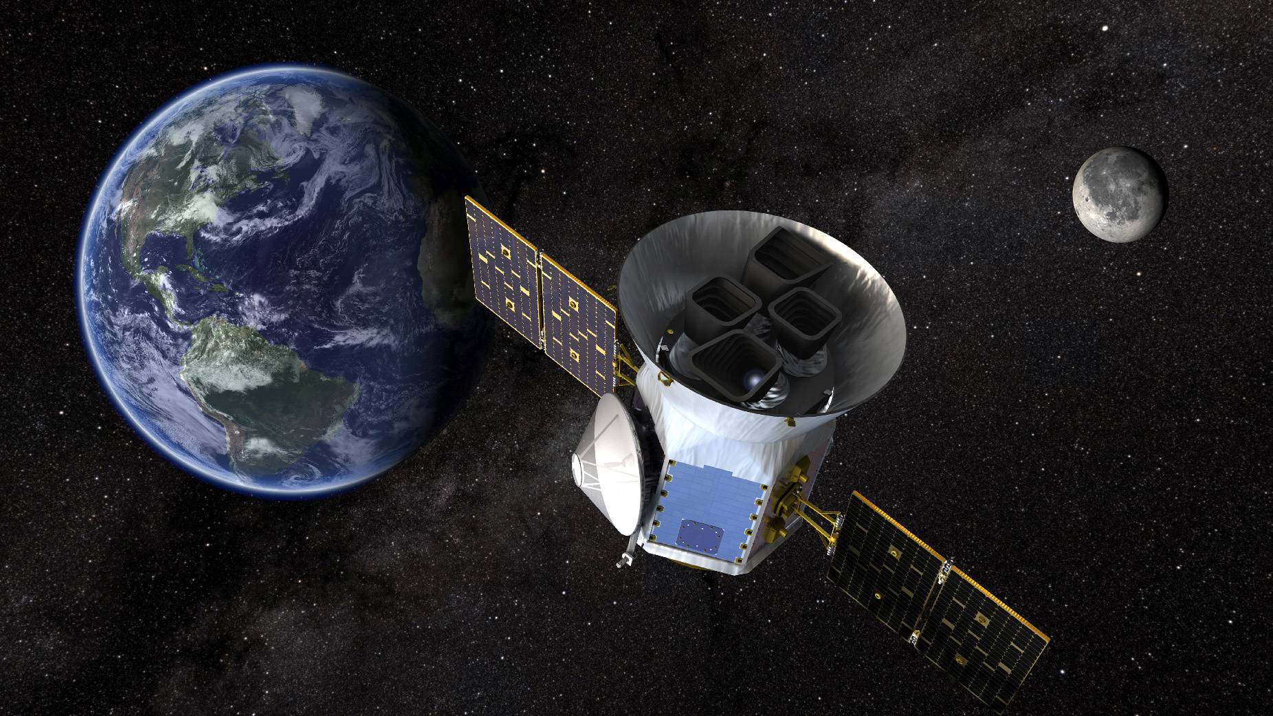 This illustration of NASA's TESS, the Transiting Exoplanet Survey Satellite, shows an artist's rendition of the space telescope was launched in April 2018 aboard a SpaceX rocket. | NASA / VIA REUTERS 