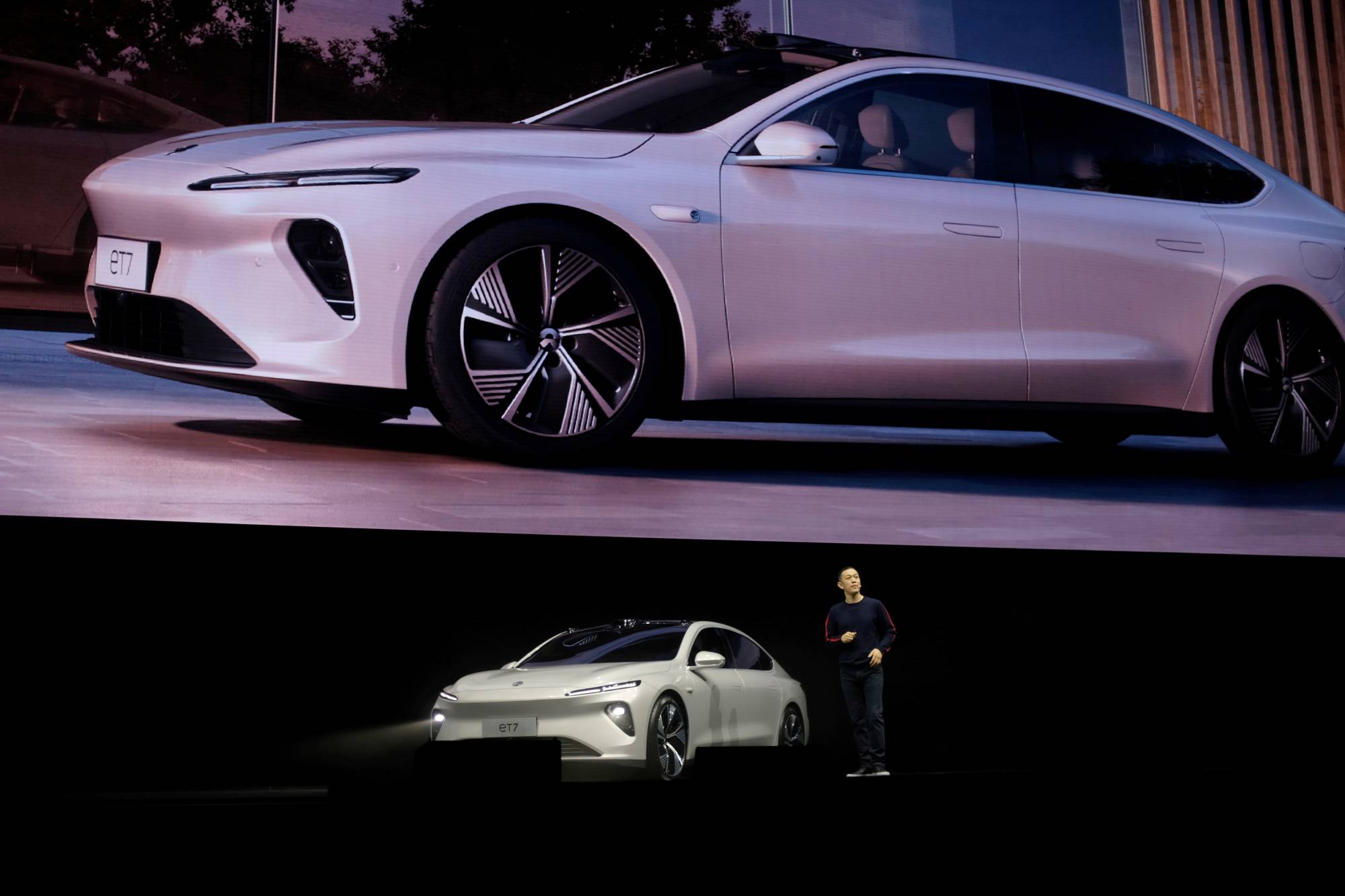 William Li, founder and chief executive officer of Chinese electric-vehicle maker Nio, unveils Nio's ET7 sedan at a product launch event in Chengdu, Sichuan province, in January. | Reuters 