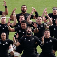 The All Blacks perform the Haka prior to their match against Namibia during the Rugby World Cup at Tokyo Stadium on Oct. 6, 2019. | REUTERS