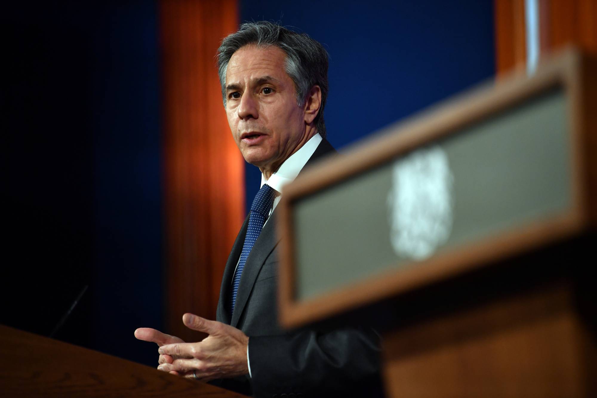 U.S. Secretary of State Antony Blinken speaks at a joint news conference after a bilateral meeting with the U.K.'s Foreign Secretary Dominic Raab in London on Monday. | Pool / via REUTERS