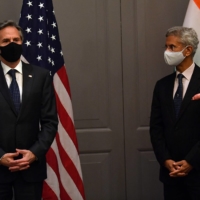 India\'s Foreign Minister Subrahmanyam Jaishankar (right) and U.S. Secretary of State Antony Blinken following a bilateral meeting on Monday.  | AFP-JIJI