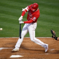 The Angels\' Shohei Ohtani connects on a two-run home run against the Rays during the third inning in Anaheim, California, on Thursday. | USA TODAY / VIA REUTERS