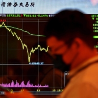A man walks past a monitor showing a stock chart outside the Taiwan Stock Exchange in Taipei on Wednesday.  | AFP-JIJI
