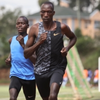 Timothy Cheruiyot, winner of the 1500-meter gold medal at the 2019 World Athletics Championships in Doha, runs during a training session in Nairobi on Saturday. | REUTERS