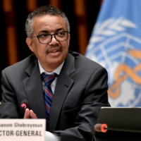 World Health Organization Director-General Tedros Adhanom Ghebreyesus speaks at a news conference in Geneva in July 2020. | POOL / VIA REUTERS 