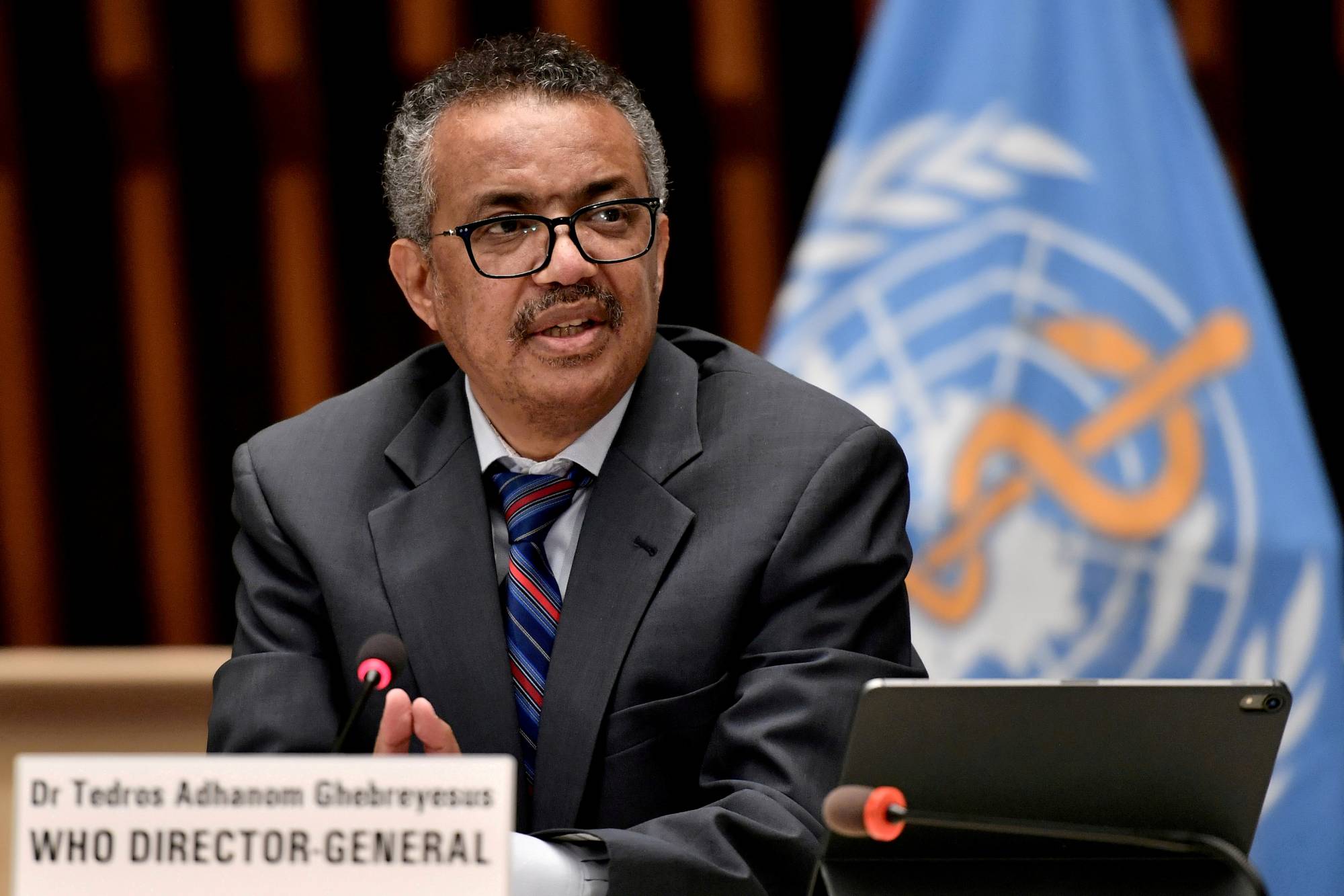 World Health Organization Director-General Tedros Adhanom Ghebreyesus speaks at a news conference in Geneva in July 2020. | POOL / VIA REUTERS 