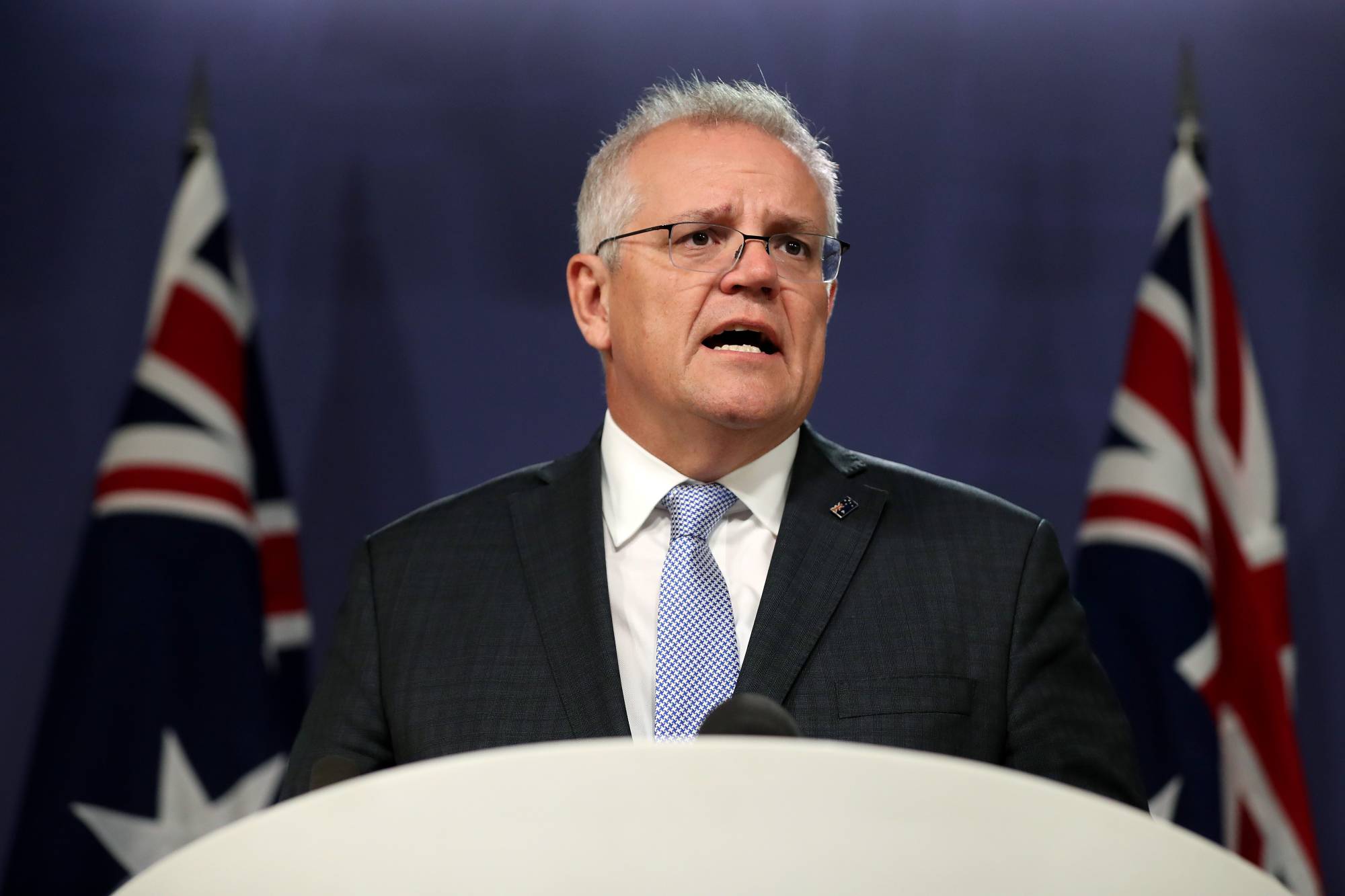 Scott Morrison, Australia's prime minister, speaks during a news conference in Sydney on May 7. | BLOOMBERG