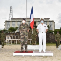 Officers from France, Japan, Australia and the U.S. attend a joint military drill starting ceremony at the GSDF\'s Camp Ainoura in Sasebo, Nagasaki Prefecture, on May 11.

 | JAPAN GROUND SELF-DEFENSE FORCE / VIA AFP-JIJI