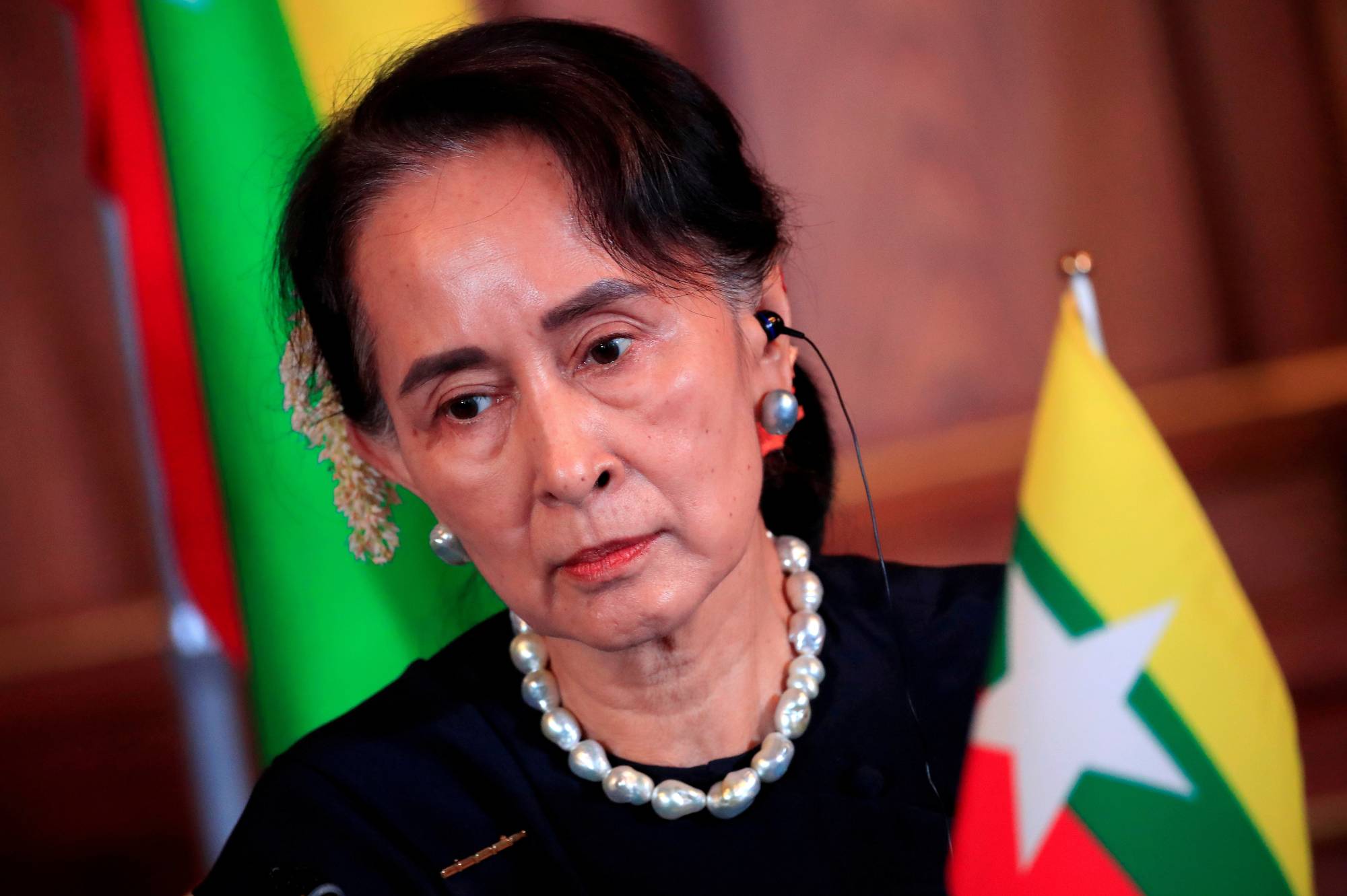 Aung San Suu Kyi attends a joint news conference of the Japan-Mekong Summit Meeting in Tokyo in 2018. | POOL / VIA REUTERS 