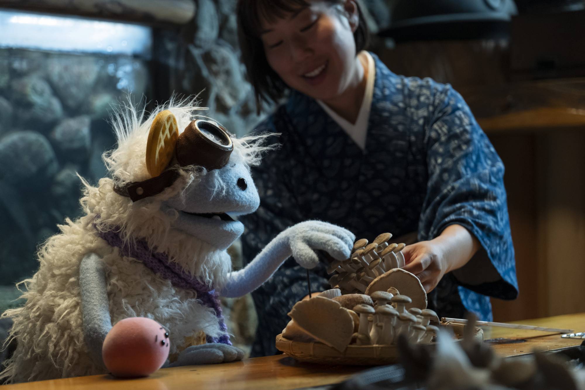Momoko Nakamura (photo right) helps puppet pals Waffles and Mochi learn about mushrooms. | JAMES LISLE / Netflix original series “Waffles + Mochi” - Now on Netflix