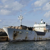 The Russian ship Amur is seen in Monbetsu, Hokkaido, on May 26 following a collision with the Hokko Maru No. 8. | KYODO