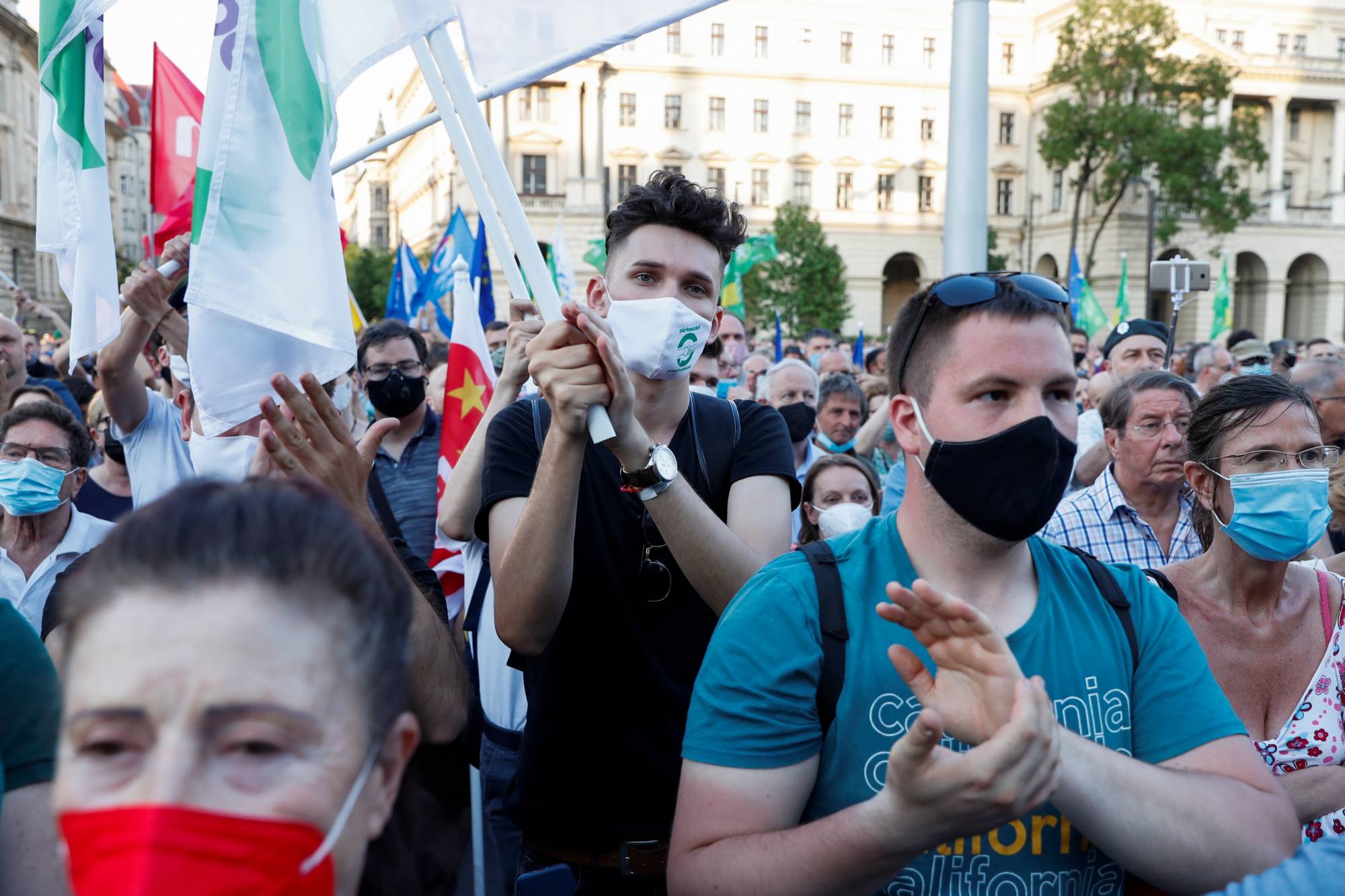 Demonstrators protest against the planned Chinese Fudan University campus in Budapest, Hungary, on June 5.  | REUTERS