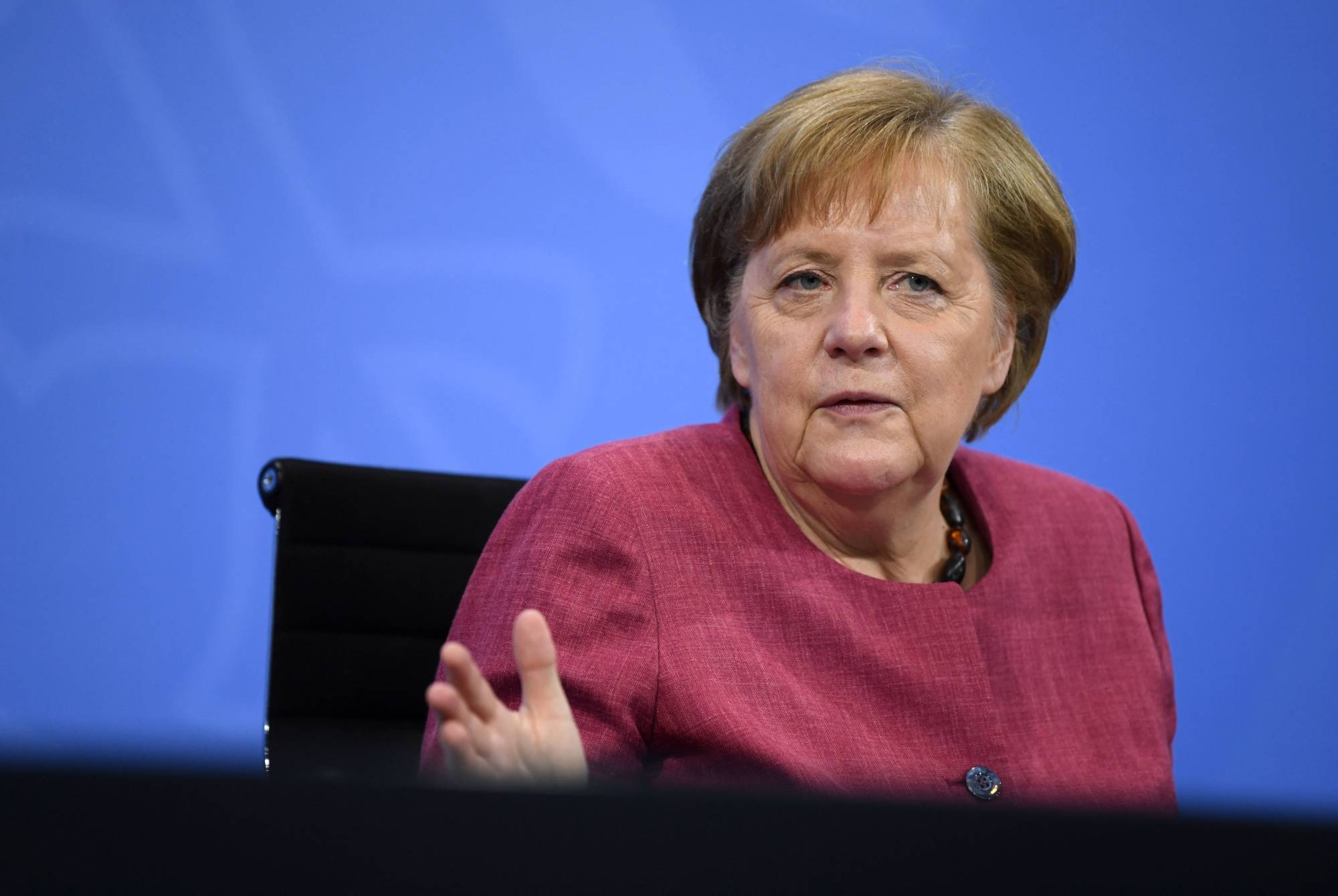 German Chancellor Angela Merkel addresses the media in Berlin on June 2. | POOL / via AFP-JIJI