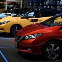 Nissan Leaf electric vehicles. The model, first introduced in 2010, is the only passenger EV in production that offers what is known as vehicle-to-grid capability. | BLOOMBERG 