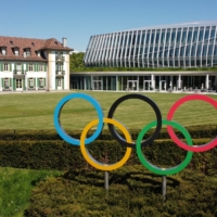 The Olympic rings stand outside the International Olympic Committee headquarters in Lausanne, Switzerland, on May 3 | REUTERS
