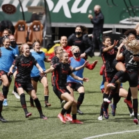 The Thorns celebrate after defeating Gotham FC in a penalty shootout during the NWSL Challenge Cup in Portland, Oregon, on May 8.  | USA TODAY / VIA REUTERS