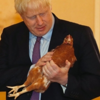 U.K. Prime Minister Boris Johnson inspects poultry during a visit to Shervington Farm, near Newport, Wales in July 2019. | POOL / VIA REUTERS