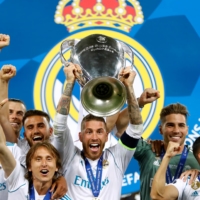 Sergio Ramos lifts the trophy after Real Madrid\'s win over Liverpool in the Champions League final in Kiev on May 26, 2018. | REUTERS
