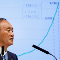 Prime Minister Yoshihide Suga holds a news conference on Japan\'s response to the COVID-19 outbreak in Tokyo on Thursday. | POOL / VIA REUTERS