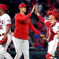 Los Angeles Angels designated hitter Shohei Ohtani (17) celebrates after beating the Detroit Tigers at Angel Stadium on Friday.  | USA TODAY SPORTS / VIA REUTERS