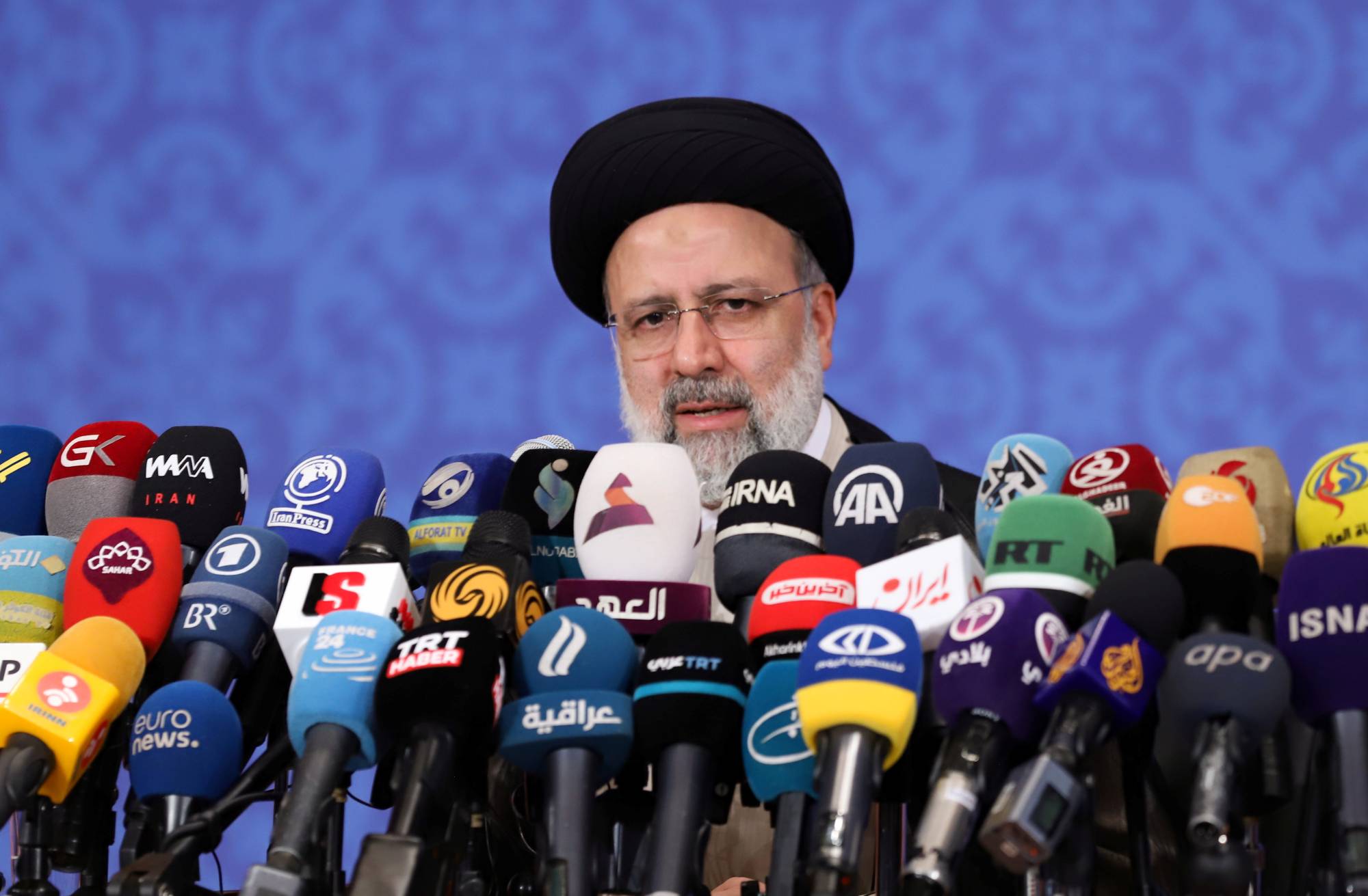 Iranian President-elect Ebrahim Raisi speaks during a news conference in Tehran on Monday. | West Asia News Agency / via REUTERS 