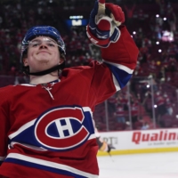 The Canadiens\' Cole Caufield celebrates after scoring against the Golden Knights during the second period on Thursday in Montreal. | USA TODAY / VIA REUTERS