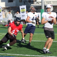 Linebacker Akio Yamagishi (47) rushes toward the quarterback during the February 2020 CFL Global Combine in Japan. | KAZ NAGATSUKA
