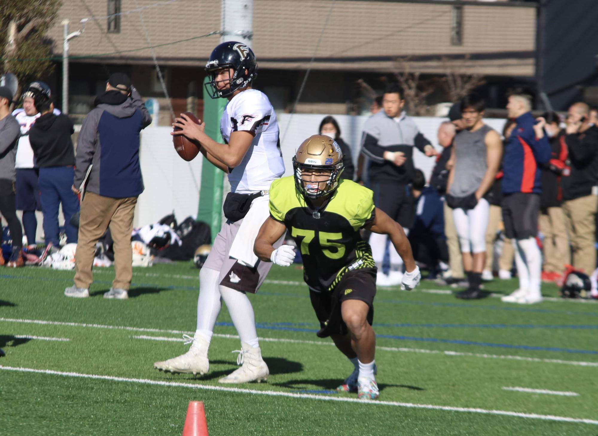 Running back Taku Lee (75), seen during the CFL Global Combine in 2020, was a candidate for the NFL’s International Player Pathway Program earlier this year. | KAZ NAGATSUKA 