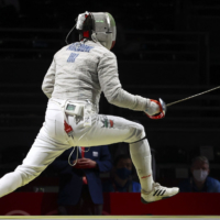 Shaul Gordon of Canada in action against Mojtaba Abedini of Iran in the  men\'s individual sabre competition of fencing. | REUTERS