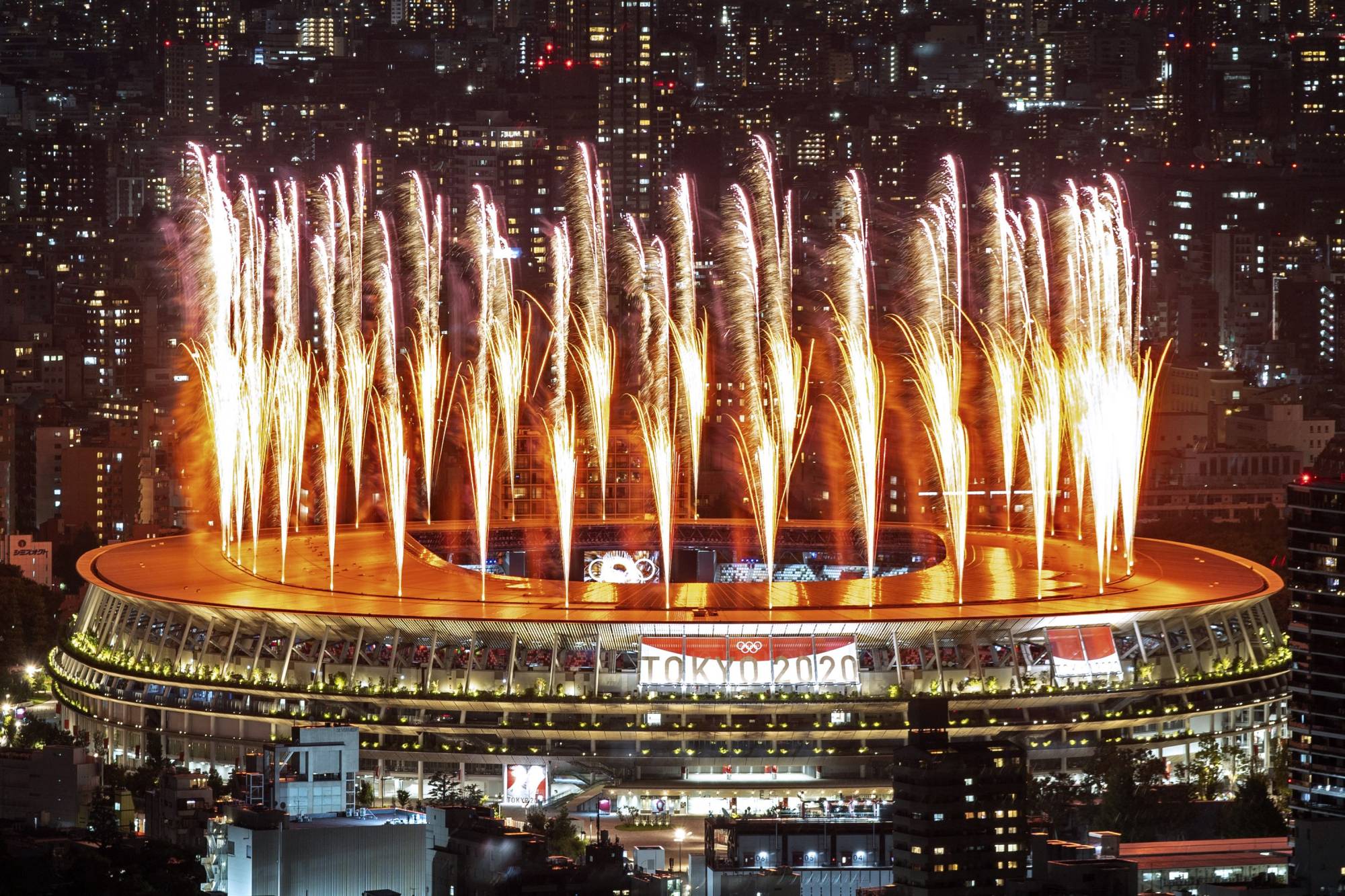 Fireworks light up the sky over the Olympic Stadium during the opening ceremony | AFP-JIJI