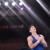 Italy\'s Ludovico Edalli celebrates after competing in the pommel horse event of the artistic gymnastics men\'s qualification | AFP-JIJI