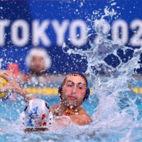 Spain\'s Bernat Sanahujad during the Serbia v Spain water polo match at Tatsumi Water Polo Centre | REUTERS