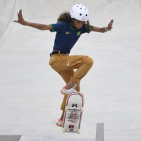 Rayssa Leal of Brazil pulls off a move during the women\'s street skateboarding competition on Monday.  | REUTERS 