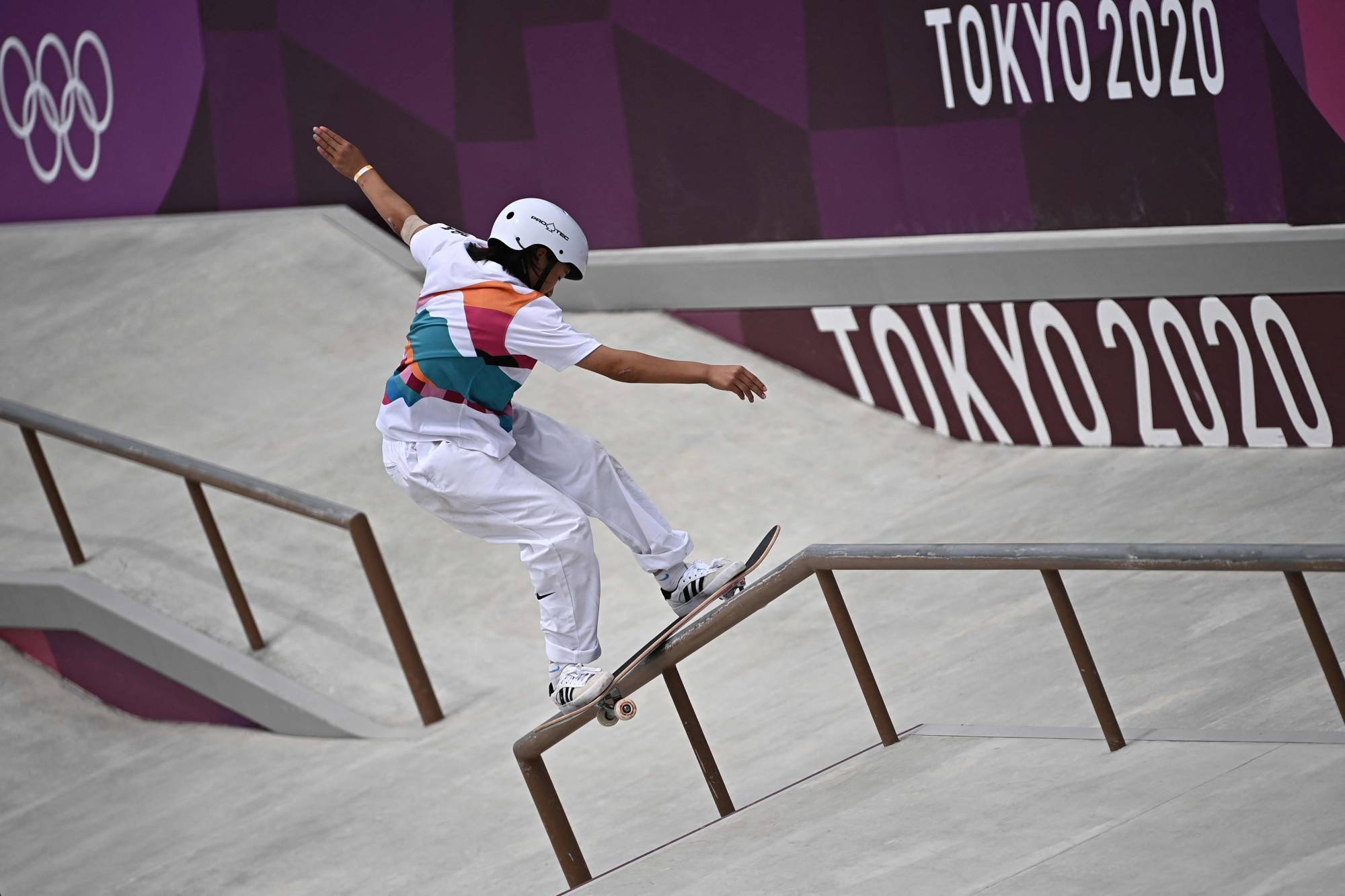 Japan's Momiji Nishiya competes in the skateboarding women's street final of the Tokyo Olympics on Monday. | AFP-JIJI