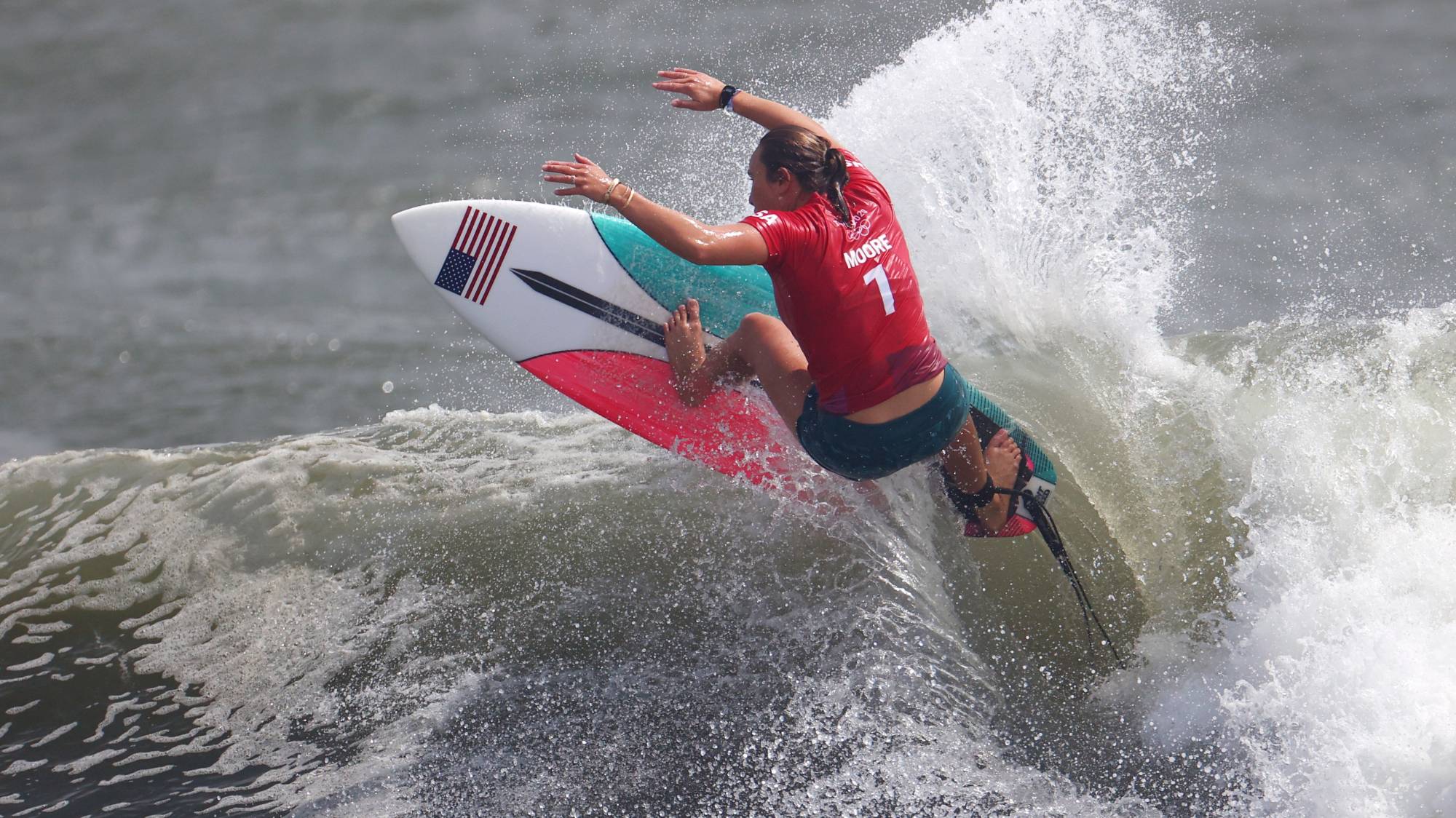 Carissa Moore of the United States in action during heat 5 of the women's shortboard competition on Monday. | REUTERS