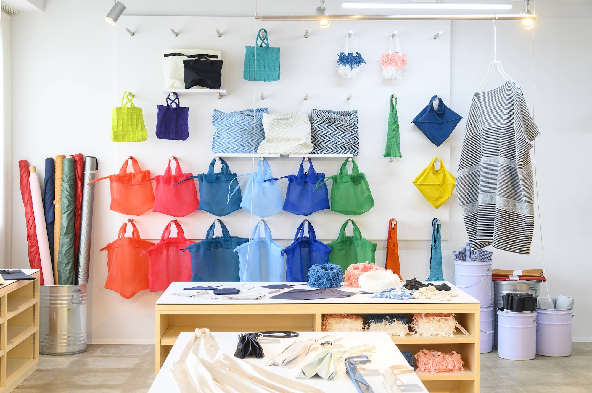 Komatsu Matere’s mate-mono brand of upcycled and minimum waste goods on display at mono-bo, the textile company’s new shop, cafe and laboratory.